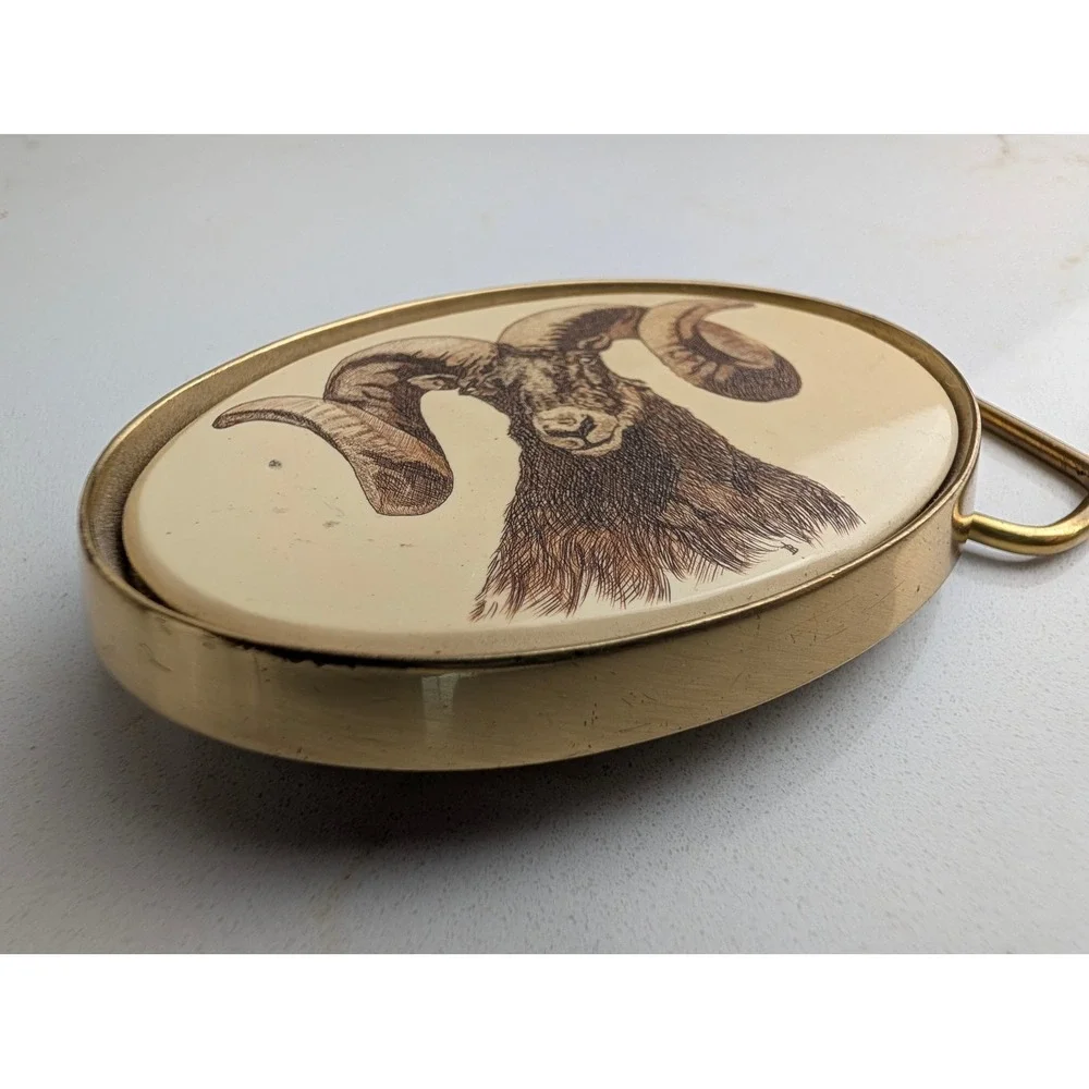 Vintage 1983 Barlow Solid Brass Bighorn Ram Scrimshaw Belt Buckle Made in USA